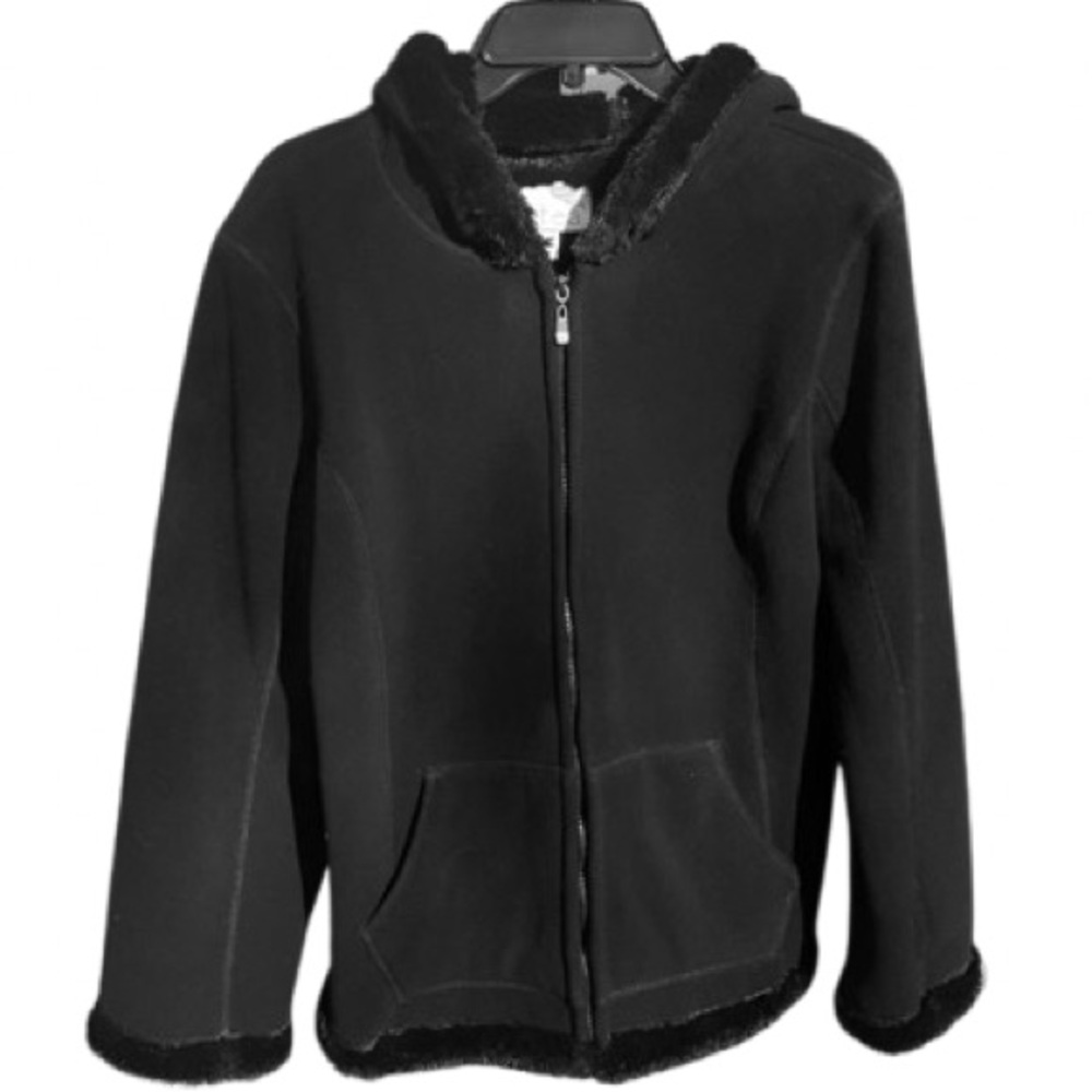 Womens Green Tea Jacket Black Fleece Faux Fur Lining Trim Hooded Full Zip Size M